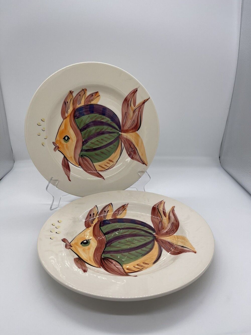 Tabletops Gallery Pescada Fish Set of 2 Dinner Plates 10 3/4" Hand Painted